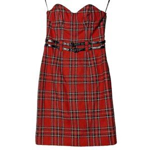 Betsey Johnson Tartan Corset Bodycon Dress 4 Strapless Red Plaid Grunge Punk Y2K